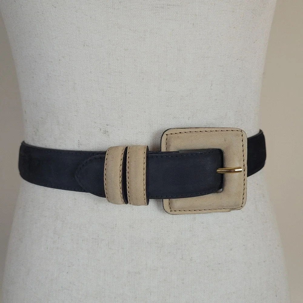 Jaeger Belt 30 Black Nubuck Leather Square Buckle Colorblock 90s Retro Two Tone
